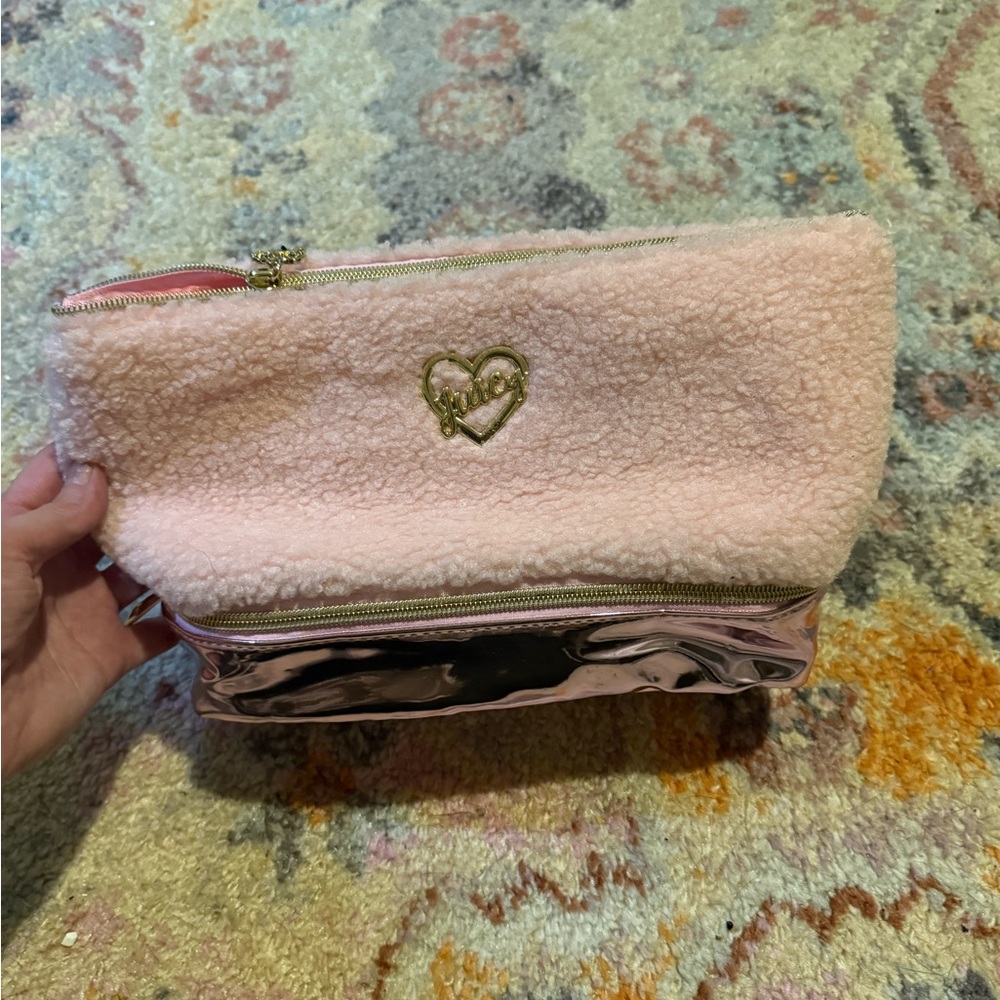 Juicy Couture Pink Sherpa & Rose Metallic Cosmetic Bag with Gold Heart Logo